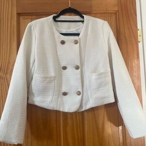 Yivanno Cream Tweed Cropped Blazer Gold Button Jacket Chanel Style Size M